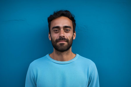 Portrait of a young man with a beard wearing a blue sweater, posing against a blue wallの素材