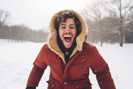 Young man having fun in snowy winter landscape, wearing warm winter coatの素材
