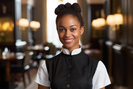 Portrait of a young black waitress smiling in an elegant restaurant dining roomの素材