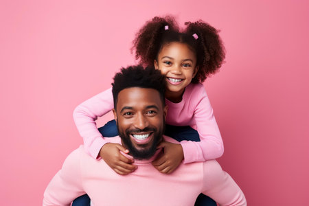 Portrait of a happy father carrying his daughter piggyback, both wearing pink and smilingの素材