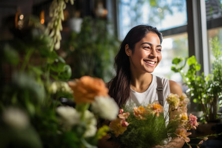 Young florist arranging a bouquet of flowers and smiling in a flower shopの素材