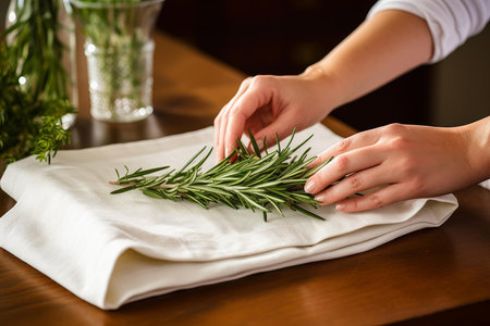 Chef arranging a sprig of fresh rosemary on a white cloth napkin, preparing for a culinary presentationの素材