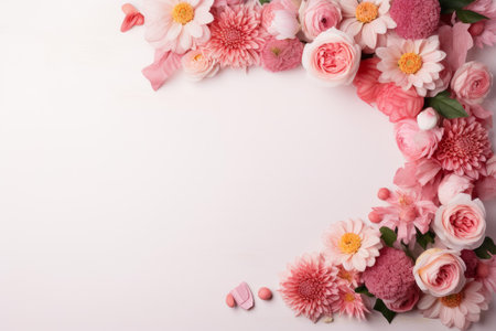 Pink flowers and petals forming half circle border on white background with copy spaceの素材