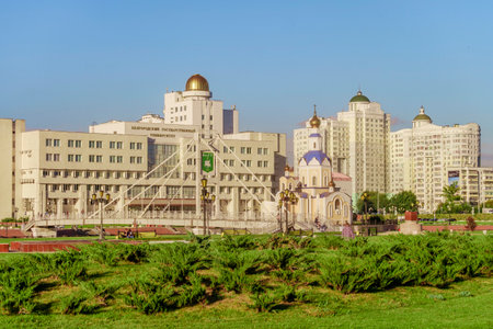 BELGOROD, RUSSIA - SEPTEMBER 10, 2016: General view of the residential complex, temple of Archangel Gabriel, promenade, main building and observatory of the International of the Belgorod State University. Campus.のeditorial素材
