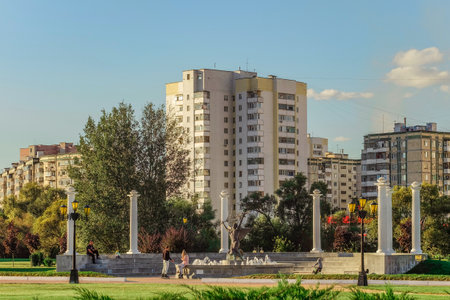 BELGOROD, RUSSIA - September 10, 2016: Belgorod State University. Architectural composition of the fountain "Nika" (Nike Goddess). Campus.のeditorial素材