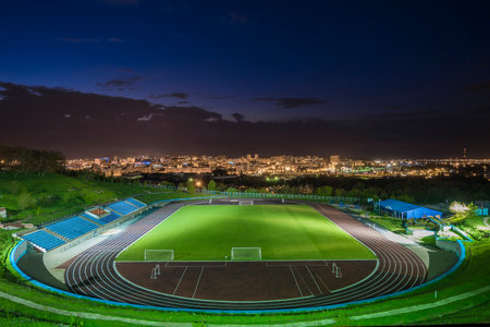 BELGOROD, RUSSIA - MAY 08, 2016: Stadium Belgorod State Technological University at night. Night cityscape.のeditorial素材