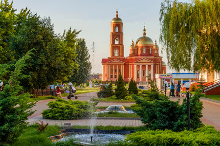 STROITEL, BELGOROD REGION, RUSSIA - JUNE 17, 2016: District center in the Belgorod region. Alley overlooking the current Orthodox church in honor of the New Martyrs and Confessors of Belgorod.のeditorial素材
