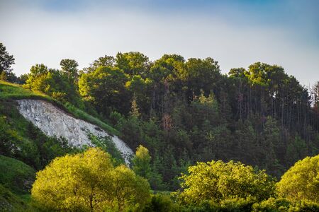 View of the chalk hill and the ancient forest archaeological monument - Krapivinskaya settlement, Belgorod region, Russia.の写真素材