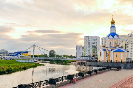 Belgorod cityscape. Embankment river "Vezelka" with a view of the temple Archangel Gabriel.の写真素材
