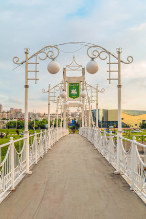 BELGOROD, RUSSIA - JULY 04, 2016: Pedestrian bridge over the river Vezelka on campus of Belgorod State University.のeditorial素材