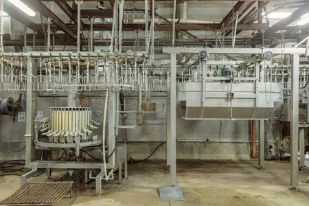 Chicken factory line. Standard equipment with overhead conveyor slaughterhouse and processing of...