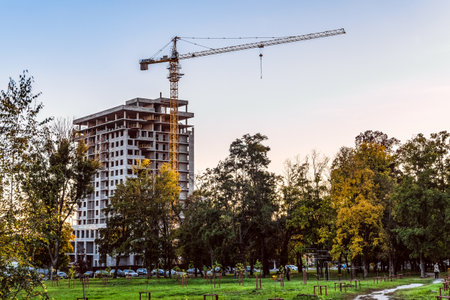 BELGOROD, RUSSIA - OCTOBER 02, 2016: Housing construction in the Belgorod city. Evening construction site.のeditorial素材