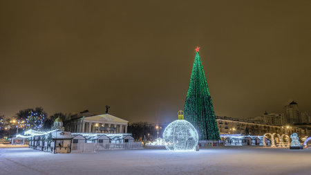 Belgorod, Russia - January 8, 2017: New Year's Cathedral Square in the center of the city Belgorod. View of the dramatic theater from the christmas square.のeditorial素材