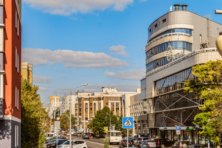 Belgorod, Russia - September 29, 2017: Street Prince Trubetskoy. Cityscape with a roadway, residential buildings and business office home Montblanc.のeditorial素材