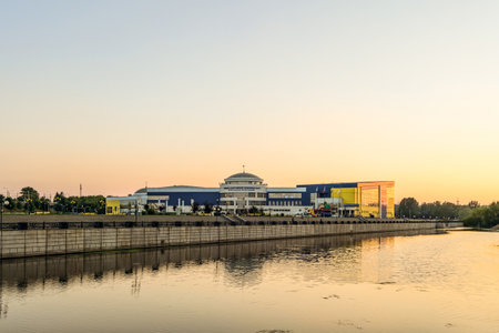 Belgorod, Russia - August 05, 2017: View from the embankment of river at training complex Svetlana Khorkina (building in the complex of Belgorod State University). Walkup campus.のeditorial素材