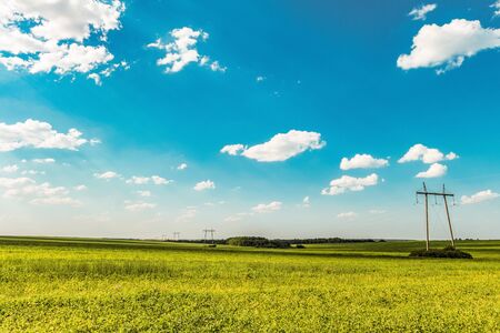 Air line supports. Steel overhead transmission line masts in a green meadow with sunny blue sky. Wide-angle.の写真素材