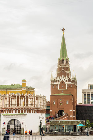 Moscow, Russia - June 10, 2018: Center of the capital of Russia. Kutafya Tower and the Troitskaya (Trinity) Tower of the Moscow Kremlin.のeditorial素材