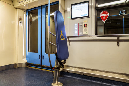 Moscow, Russia - June 10, 2018: Interior Moscow metro train, inside view. Place for placing the...