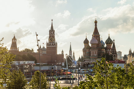 Moscow, Russia - June 13, 2018: Center of the capital of Russia. Spasskaya towers in Moscow Kremlin...