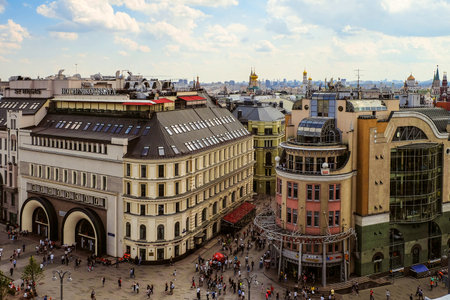 Moscow, Russia - June 19, 2018: Hotel Nikolskaya and Nautilus shop building on a Nikolskaya street in centre of Moscow. Cityscape from the roof.のeditorial素材