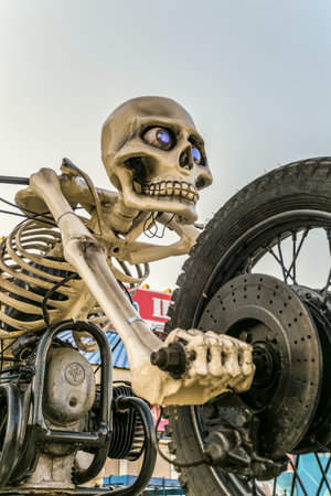 Kamensk-Shakhtinsky, Rostov region, Russia - July 10, 2018: Moto Skeleton sculpture on motorbike area. Motorcycle - skeleton on highway M4 Don.のeditorial素材
