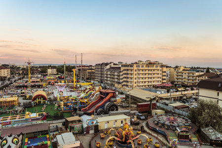 Krasnodar region, Anapa district, Vityazevo, Russia - July 14, 2018: Tourist town with hotels near Vizantia amusement Ñoastal park and central beach promenade of the Black Sea resort.のeditorial素材