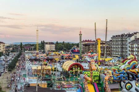 Krasnodar region, Anapa district, Vityazevo, Russia - July 14, 2018: Vazantia amusement Ñoastal park. Tourist town with hotels near central beach promenade of the Black Sea resort.のeditorial素材
