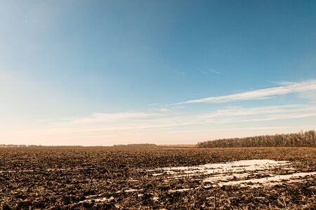Early spring scene. Field with snowy thawed patches under a sunny blue sky.
