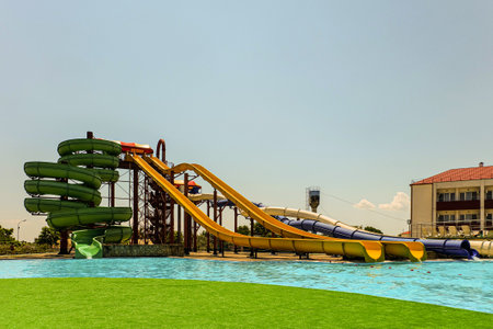 Krasnodar region, Golubitskaya, Russia - July 6, 2019: High water slides in the outdoors seasonal...
