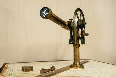 Belgorod region, Russia - November 14, 2019: Vintage geodetic optical leveling instrument. Old classic measurement level.のeditorial素材