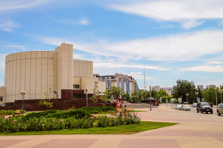Belgorod, Russia - Jule 28, 2020: Square of three museums in the city of Belgorod. Popova Street near the diorama museum "Fire Arc".のeditorial素材