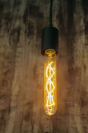 Retro incandescent lamp. Hanged vintage tubular glowing light bulb.