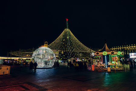 Belgorod, Russia - January 05, 2021: Sobornaya (Cathedral) Square with new year decorations and lights fir-tree in the center of Belgorod city.のeditorial素材