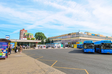 Moscow, Russia - July 21, 2021: Water stadium metro station in moscow. Korona (Crown) shopping center on Kronstadt Boulevard.のeditorial素材