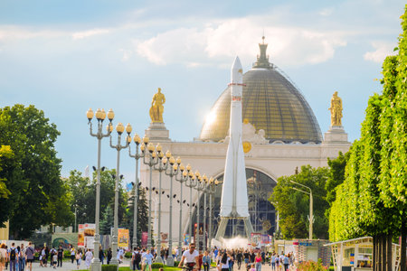 Moscow, Russia - July 21, 2021: View of pavilion number 34 "Center for Cosmonautics and Aviation" with Rocket Vostok on main alley on VDNH park.のeditorial素材
