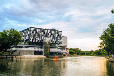Moscow, Russia - July 21, 2021: Pavilion number 38 "Business Technograd". Exhibition complex on VDNH. River Kamenka.のeditorial素材