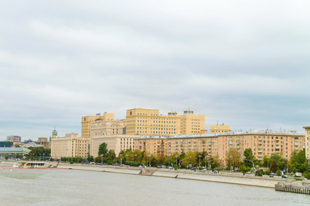 Moscow, Russia - September 03, 2021: Frunzenskaya Embankment of the Moscow river. View of the building of the Ministry of Defense of the Russian Federation.のeditorial素材