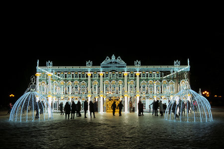 Belgorod, Russia - January 04, 2022: Belgorod New Year's installation of a small copy of the St. Petersburg Hermitage. New year decorations of victory park in the center of Belgorod city.のeditorial素材