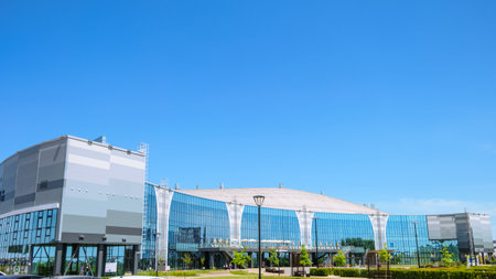 Belgorod region, Razumnoe, Russia - June 29, 2022: The building of the Belgorod all-season water park Lazurniy (azure). Main front facade and Vladimirsky square.のeditorial素材