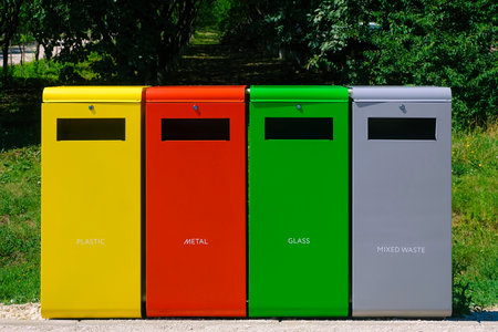 Four colored bins for separate garbage. Separate collection of glass, metal, plastic and mixed waste.の写真素材