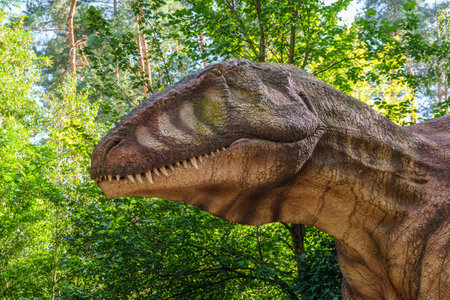 Belgorod, Russia - September 10, 2022: Face of gigantosaurus in leaves greenery. Dinopark of Belgorod city.のeditorial素材