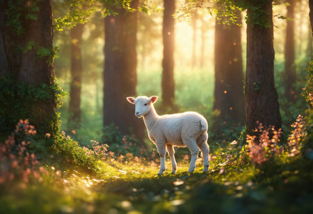 Cute little lamb standing alone in the forest among a sunlit treesの素材