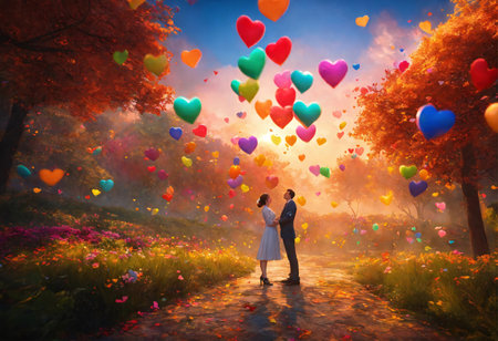 Couple in love. Drawn hugging man and woman stand in sunny autumn colorful forest with air love hearts.の素材