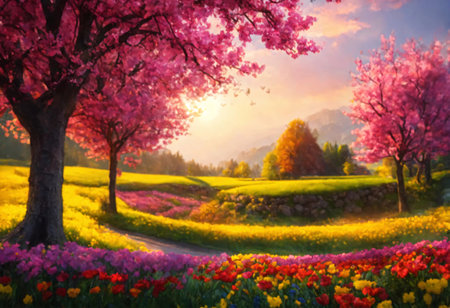 Beautiful colorful spring landscape with a blooming garden. Artistic limited depth of field. Focus on front view.の素材