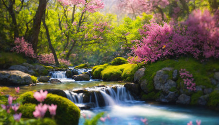 Beautiful colorful spring landscape with a blooming forest with creek. Artistic limited depth of field.の素材