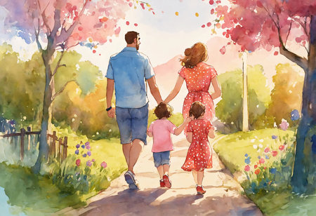 Cartooned image of family. Family walk holding hands. Back view. Mother, father and children. Way with trees. Watercolor drawn effect.の素材