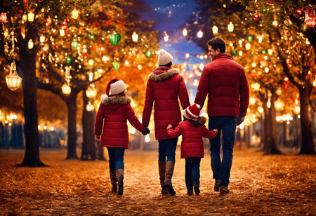 Family walk holding hands. Back view. Mother, father and daughters. Way in evening festive decorated park.の素材
