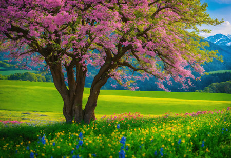 Beautiful evening colorful spring landscape with blooming pink tree on green highlands valleyの素材