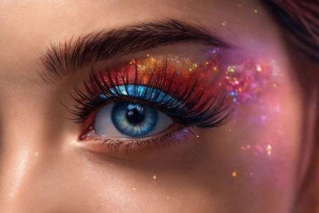 Part of a blue eyed girl's face with makeup. Close up.の素材