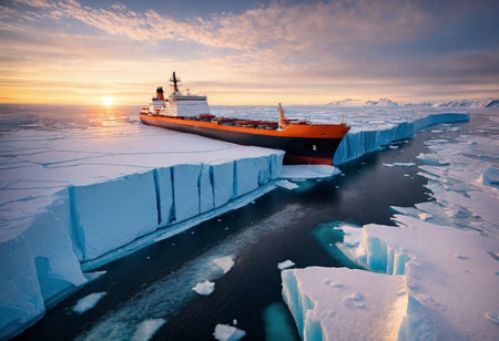Large ship stuck in ice of northern icy seaの素材